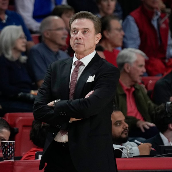 FILE - St. John's head coach Rick Pitino looks on during the first half of an NCAA college basketball game against Stony Brook, Nov. 7, 2023, in New York. (AP Photo/Seth Wenig, File)