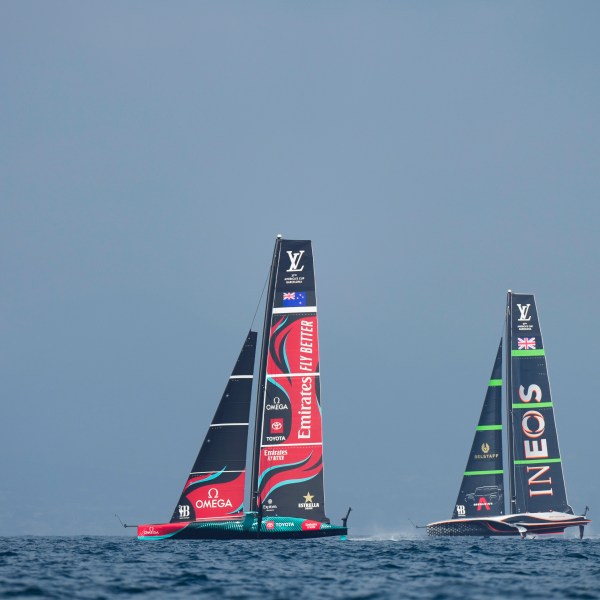 Ineos Britannia and Emirates Team New Zealand race during the Louis Vuitton 37th America's Cup race in Barcelona, Spain, Saturday, Oct. 12, 2024. (AP Photo/Bernat Armangue)