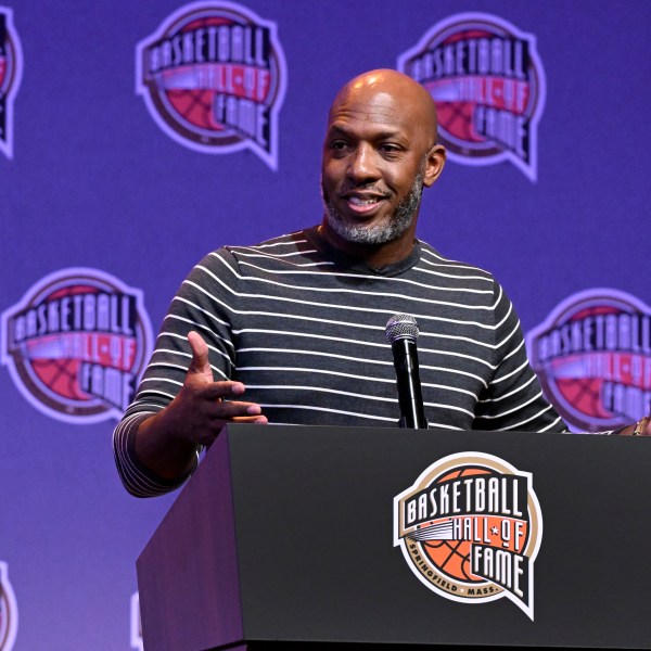 Basketball Hall of Fame Class of 2024 inductee Chauncey Billups speaks at a hall of fame news conference at Mohegan Sun, Saturday, Oct. 12, 2024, in Uncasville, Conn. (AP Photo/Jessica Hill)