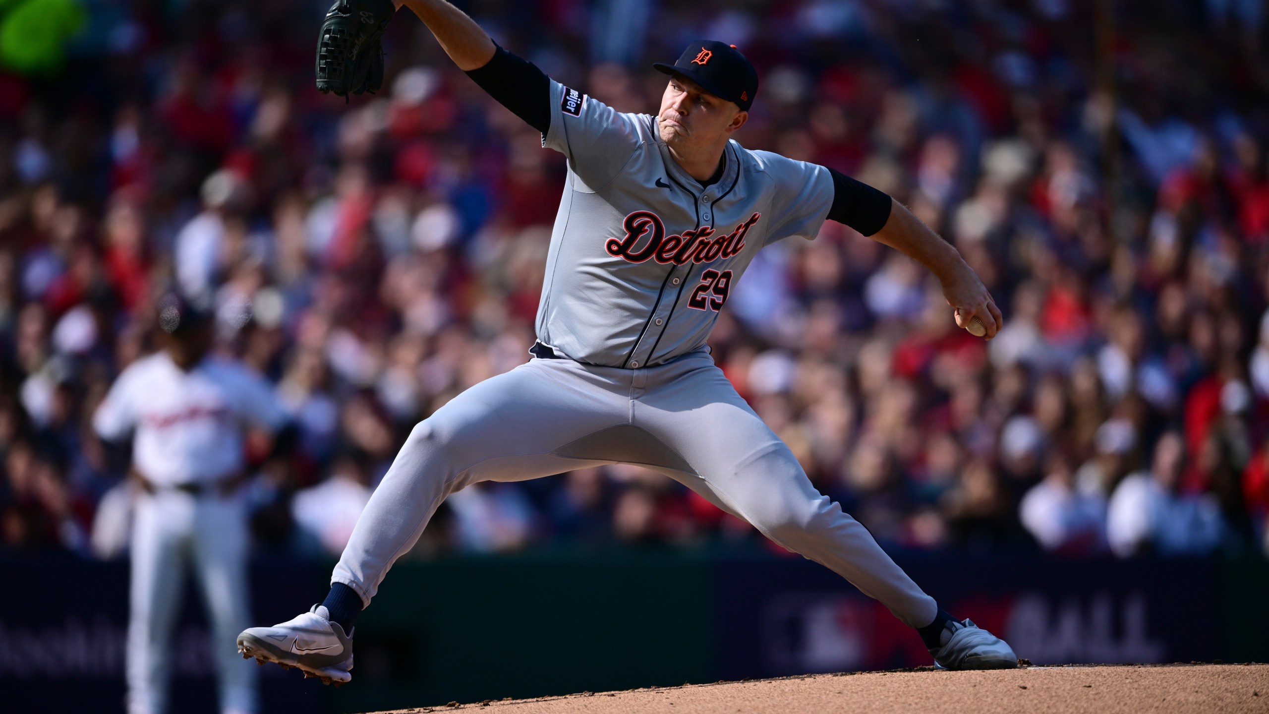 Detroit Tigers' Tarik Skubal pitches in the first inning during Game 5 of baseball's American League Division Series against the Cleveland Guardians, Saturday, Oct. 12, 2024, in Cleveland. (AP Photo/David Dermer)