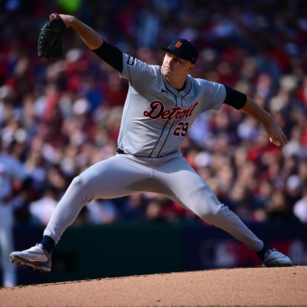 Detroit Tigers' Tarik Skubal pitches in the first inning during Game 5 of baseball's American League Division Series against the Cleveland Guardians, Saturday, Oct. 12, 2024, in Cleveland. (AP Photo/David Dermer)