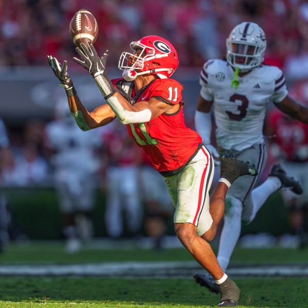 Georgia wide receiver Arian Smith (11) catches the ball during an NCAA college football game against Mississippi State, Saturday, Oct. 12, 2024, in Athens, Ga. (AP Photo/Jason Allen)