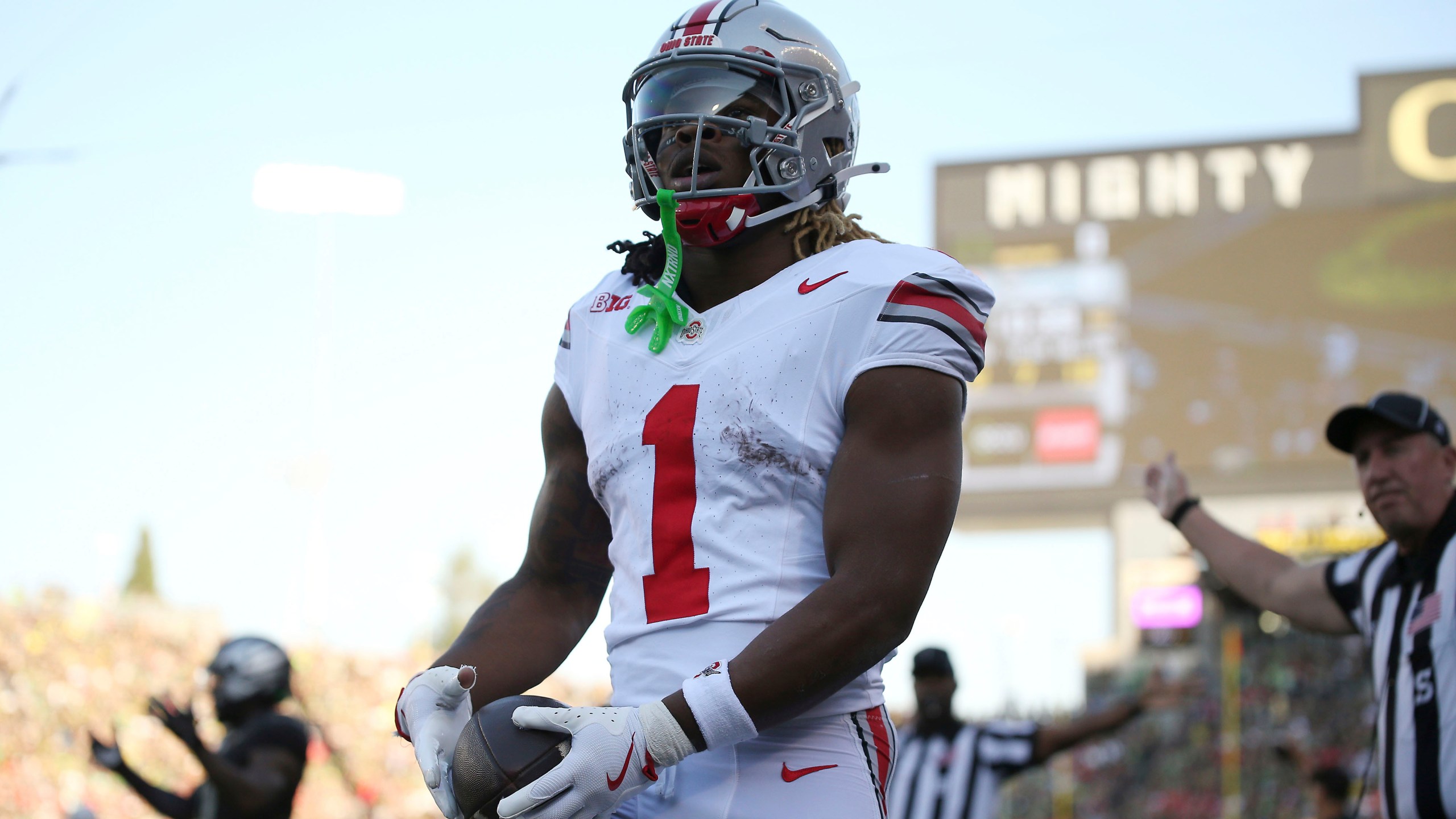 Ohio State running back Quinshon Judkins reacts after a call during an NCAA college football game against Oregon, Saturday, Oct. 12, 2024, in Eugene, Ore. (AP Photo/Lydia Ely)