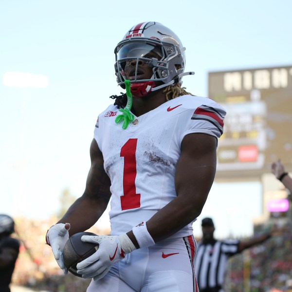 Ohio State running back Quinshon Judkins reacts after a call during an NCAA college football game against Oregon, Saturday, Oct. 12, 2024, in Eugene, Ore. (AP Photo/Lydia Ely)