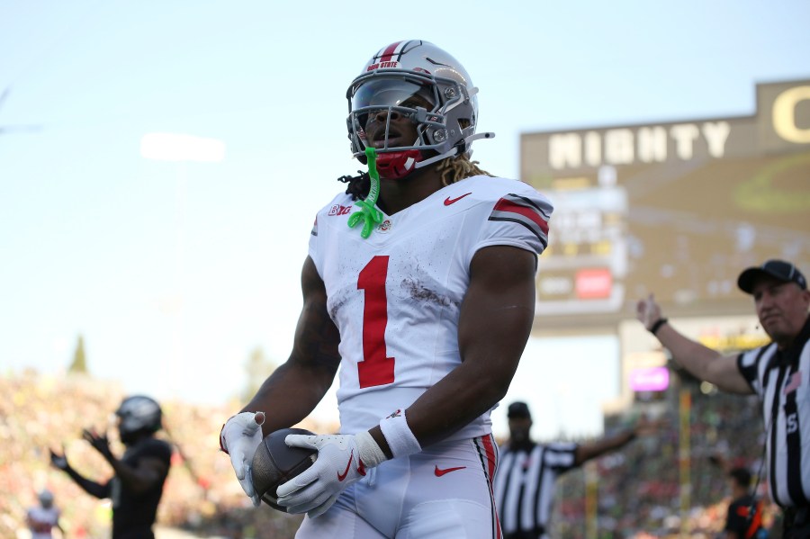 Ohio State running back Quinshon Judkins reacts after a call during an NCAA college football game against Oregon, Saturday, Oct. 12, 2024, in Eugene, Ore. (AP Photo/Lydia Ely)