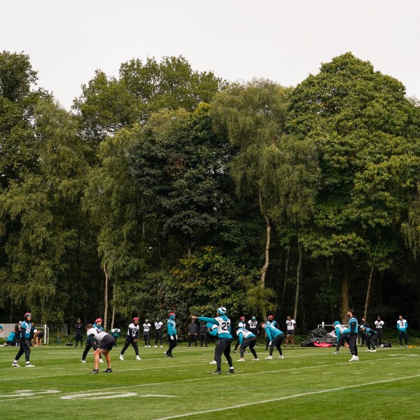 Jacksonville Jaguars players participate in a NFL football training session in Watford, near London, Saturday, Oct. 12, 2024, ahead of the game against the Chicago Bears at the Tottenham Hotspur stadium on Sunday. (AP Photo/Alberto Pezzali)