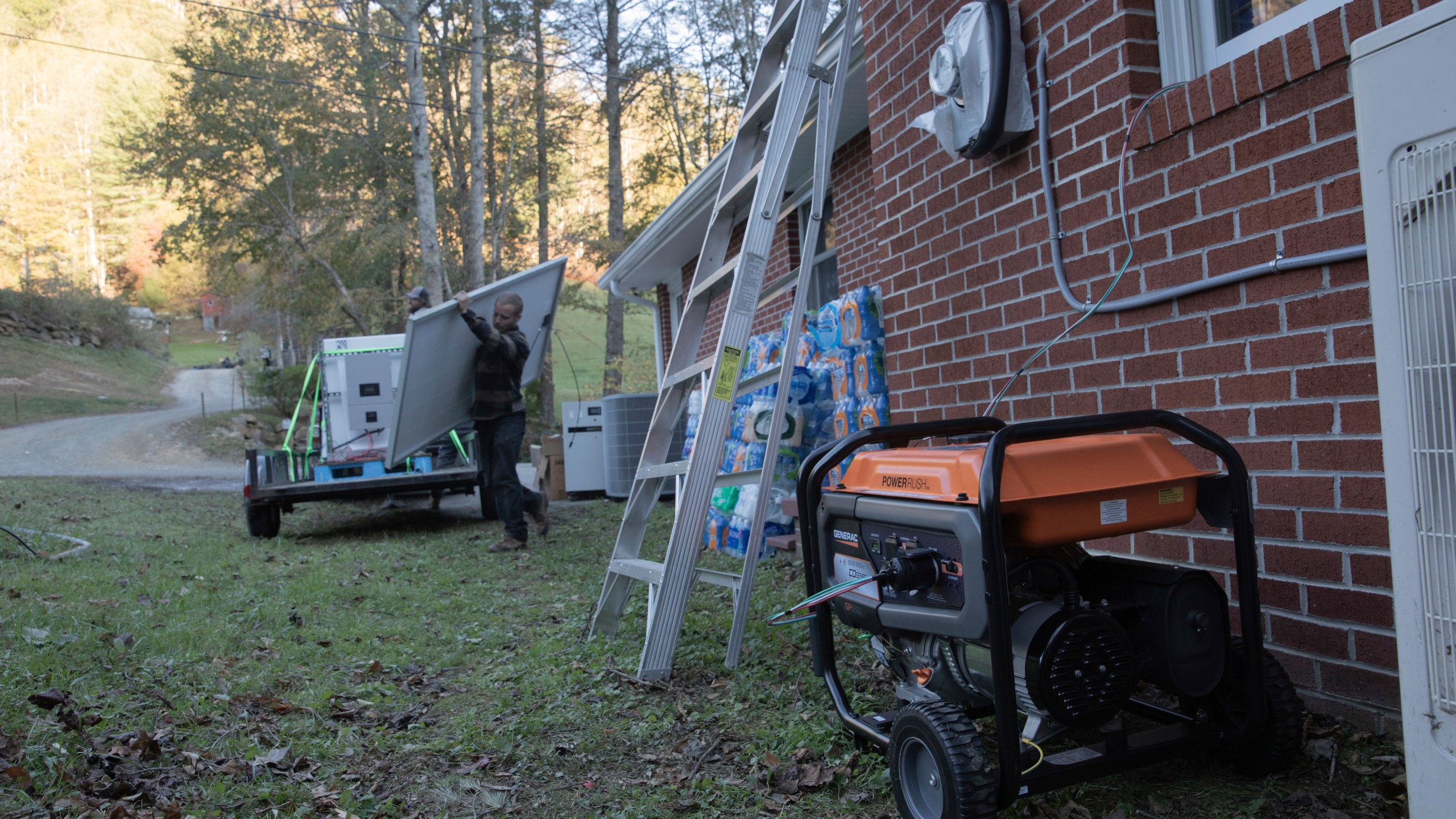 A generator powers a resource hub at the Beans Creek Church of the Lord Jesus Christ in Bakersville, N.C. on Oct. 9, 2024. (AP Photo/Gabriela Aoun Angueria)