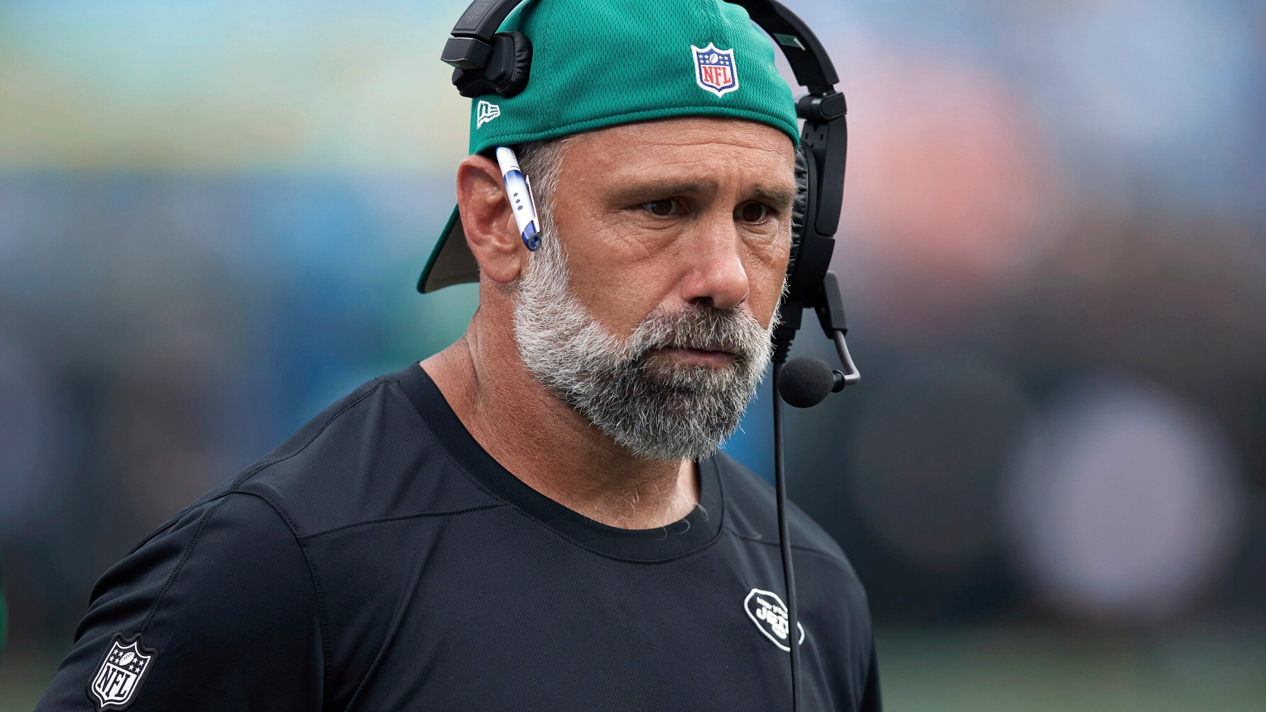 FILE - New York Jets defensive coordinator Jeff Ulbrich walks the sideline during an NFL preseason football game against the Carolina Panthers, Saturday, Aug. 12, 2023, in Charlotte, N.C. (AP Photo/Brian Westerholt, File)