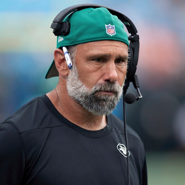 FILE - New York Jets defensive coordinator Jeff Ulbrich walks the sideline during an NFL preseason football game against the Carolina Panthers, Saturday, Aug. 12, 2023, in Charlotte, N.C. (AP Photo/Brian Westerholt, File)