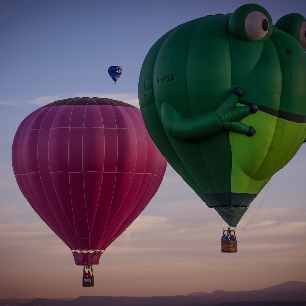 Balloons sail in the sky captured during flight in Meow Wolf's Skyworm hot air balloon during the Albuquerque International Balloon Fiesta at Balloon Fiesta Park in Albuquerque, N.M., on Tuesday, Oct. 8, 2024.v. (Chancey Bush/The Albuquerque Journal via AP)