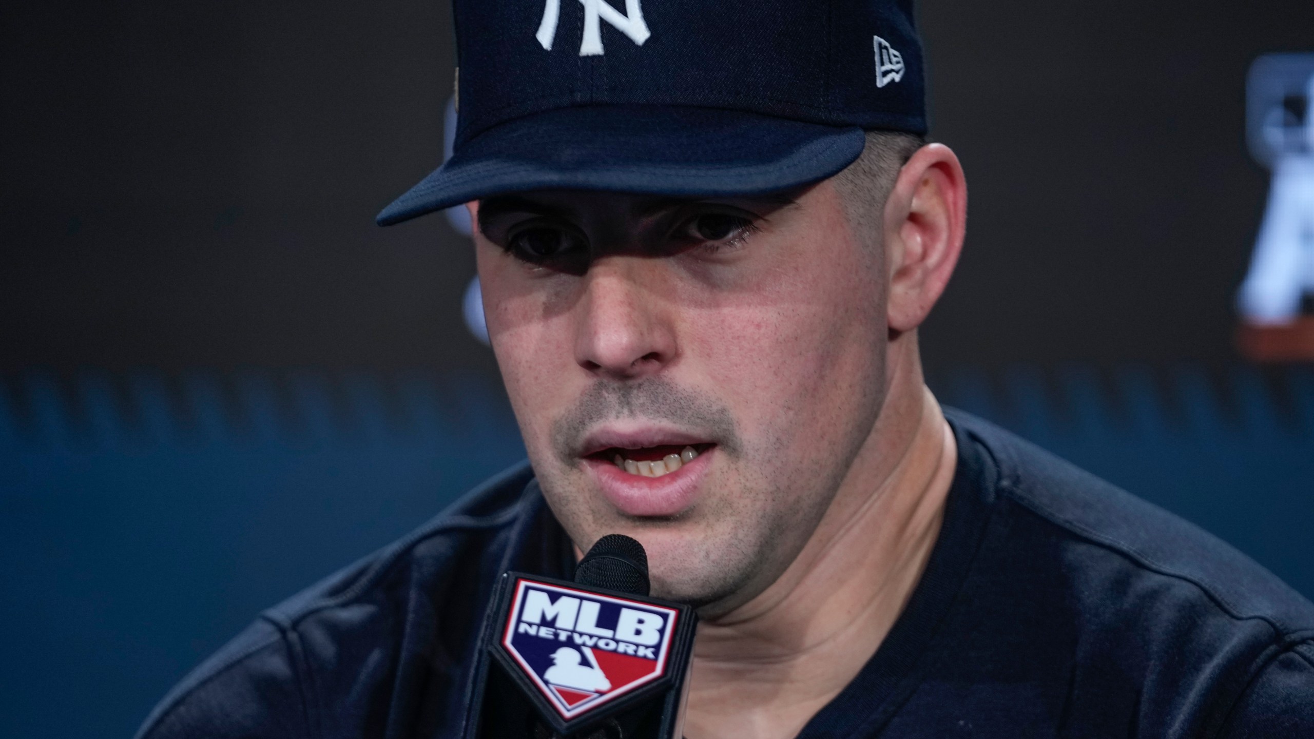 New York Yankees pitcher Carlos Rodón speaks during a news conference ahead of an American League Championship series baseball game against the Cleveland Guardians, Sunday, Oct. 13, 2024, in New York. (AP Photo/Frank Franklin II)