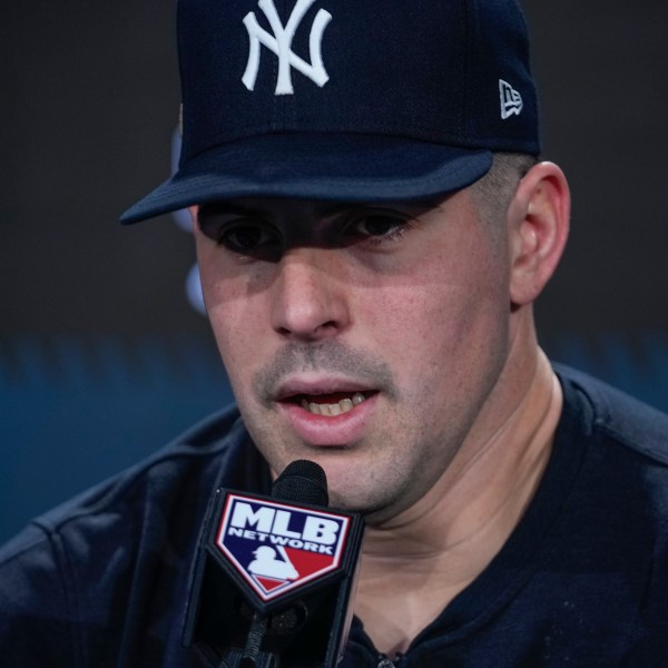 New York Yankees pitcher Carlos Rodón speaks during a news conference ahead of an American League Championship series baseball game against the Cleveland Guardians, Sunday, Oct. 13, 2024, in New York. (AP Photo/Frank Franklin II)