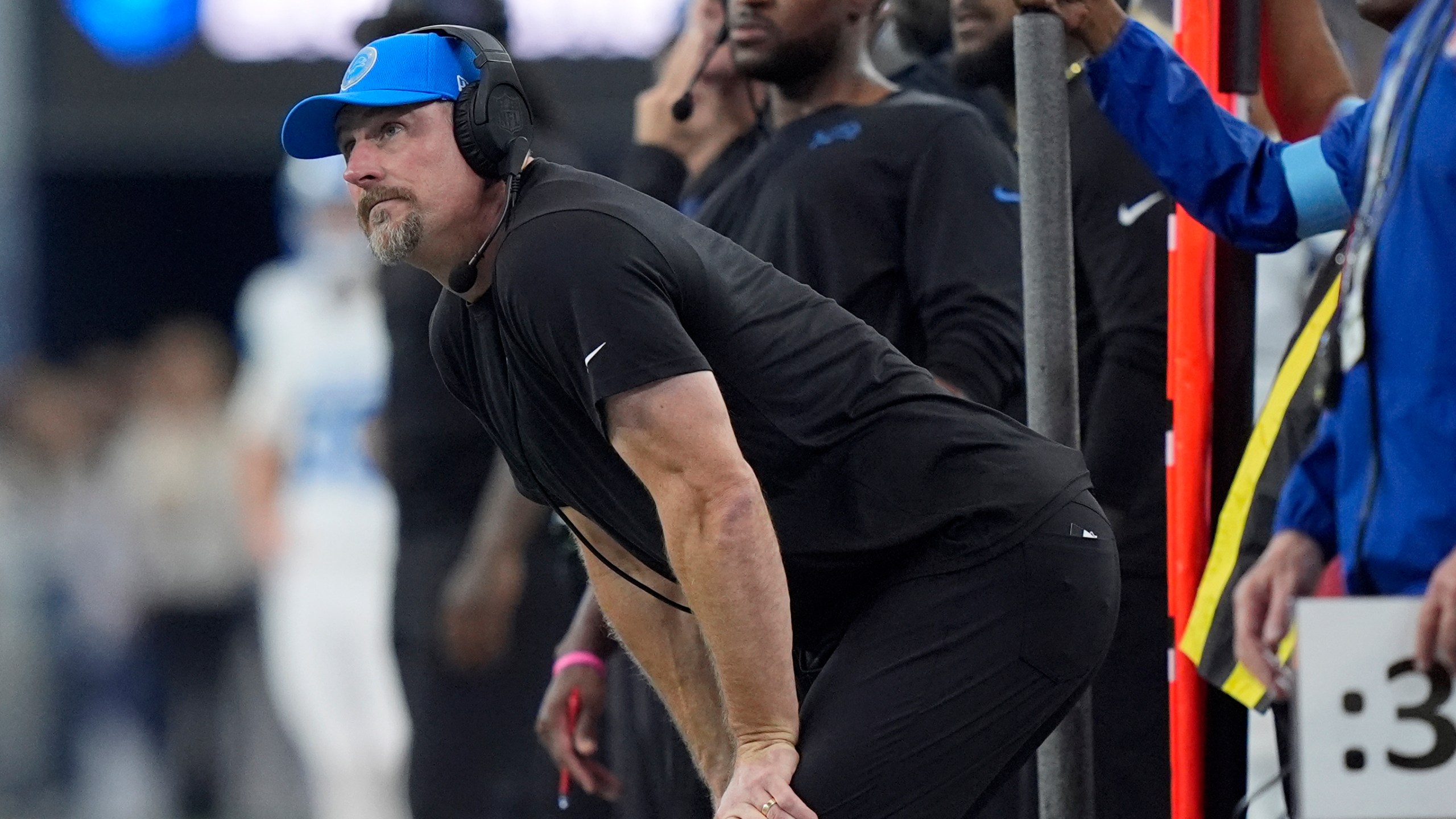 Detroit Lions head coach Dan Campbell watches as the Dallas Cowboys kick a field goal in the first half of an NFL football game in Arlington, Texas, Sunday, Oct. 13, 2024. (AP Photo/LM Otero)