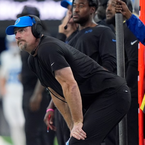 Detroit Lions head coach Dan Campbell watches as the Dallas Cowboys kick a field goal in the first half of an NFL football game in Arlington, Texas, Sunday, Oct. 13, 2024. (AP Photo/LM Otero)