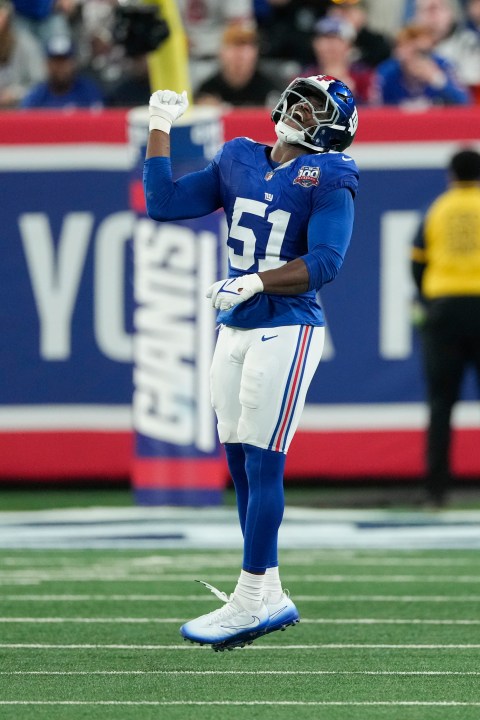 New York Giants linebacker Azeez Ojulari (51) celebrates after sacking Cincinnati Bengals quarterback Joe Burrow during the first half of an NFL football game, Sunday, Oct. 13, 2024, in East Rutherford, N.J. (AP Photo/Seth Wenig)