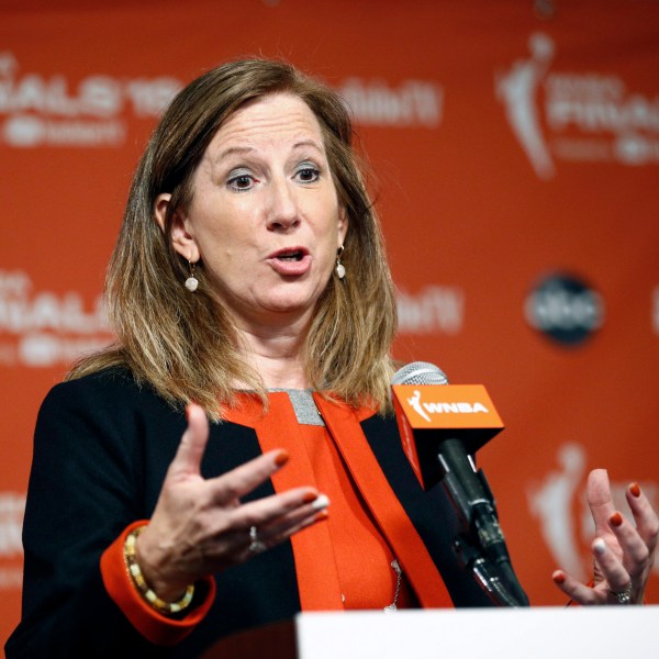 FILE - WNBA Commissioner Cathy Engelbert speaks at a news conference before Game 1 of basketball's WNBA Finals between the Connecticut Sun and the Washington Mystics, Sunday, Sept. 29, 2019, in Washington. The WNBA will expand its Finals next year to a best-of-7 format the league announced on Thursday, Oct. 10, 2024. (AP Photo/Patrick Semansky, File)