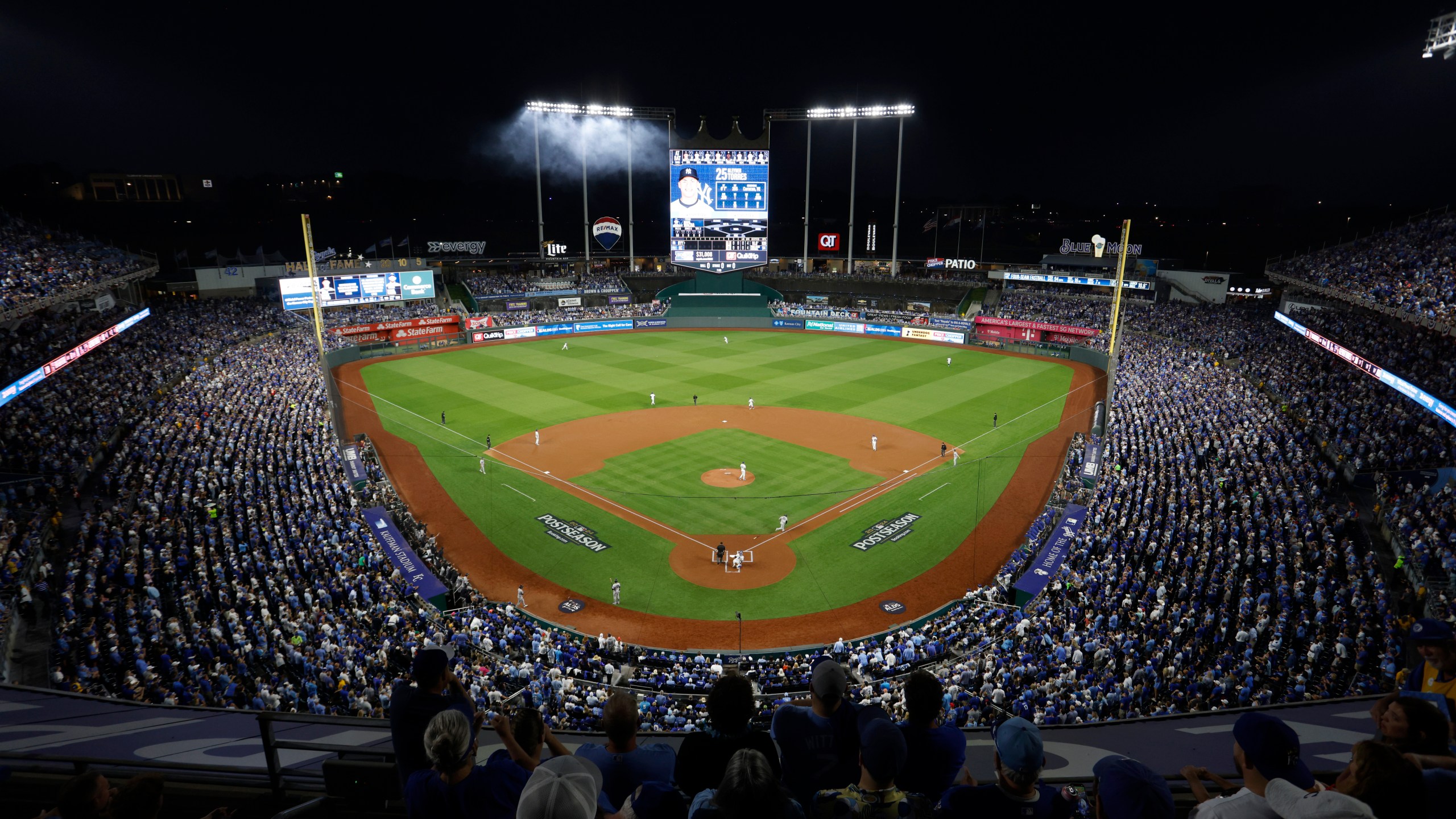 The New York Yankees and Kansas City Royals play in Game 4 of an American League Division baseball playoff series as seen in this general view of Kauffman Stadium Thursday, Oct. 10, 2024, in Kansas City, Mo. (AP Photo/Colin Braley)