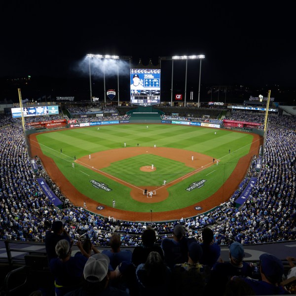 The New York Yankees and Kansas City Royals play in Game 4 of an American League Division baseball playoff series as seen in this general view of Kauffman Stadium Thursday, Oct. 10, 2024, in Kansas City, Mo. (AP Photo/Colin Braley)