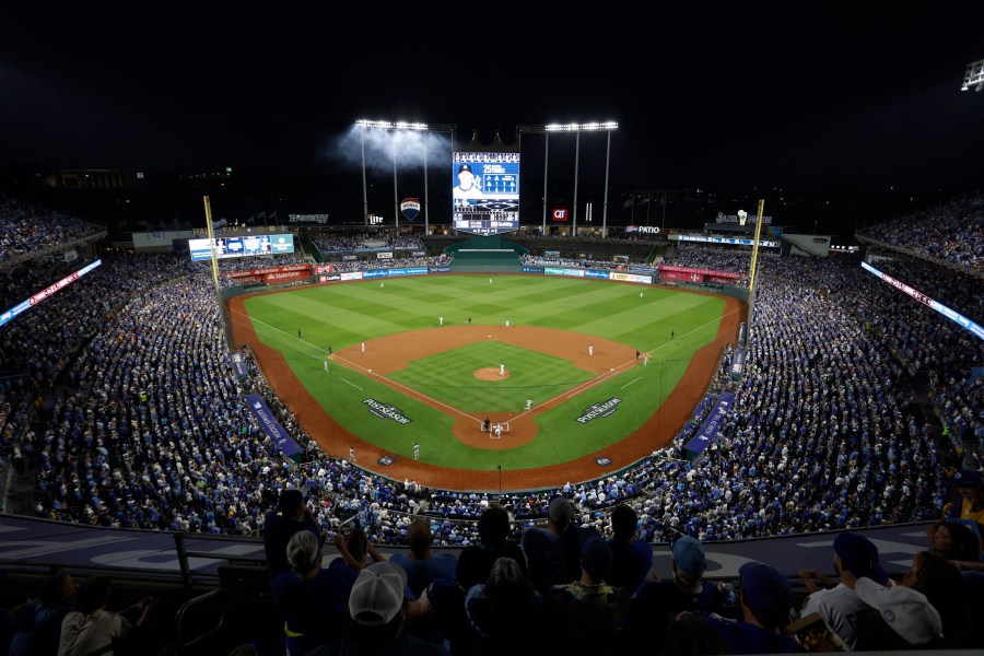 The New York Yankees and Kansas City Royals play in Game 4 of an American League Division baseball playoff series as seen in this general view of Kauffman Stadium Thursday, Oct. 10, 2024, in Kansas City, Mo. (AP Photo/Colin Braley)