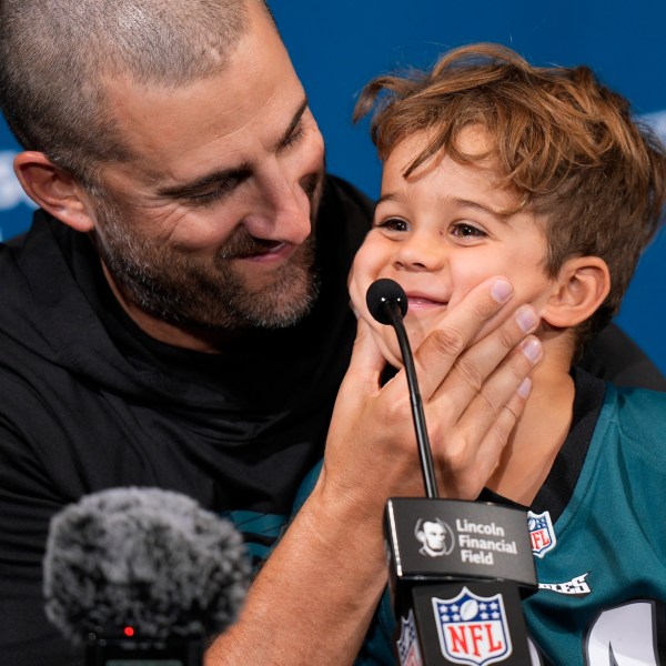 Philadelphia Eagles head coach Nick Sirianni speaks during a news conference with son Miles after an NFL football game against the Cleveland Browns on Sunday, Oct. 13, 2024, in Philadelphia. (AP Photo/Chris Szagola)