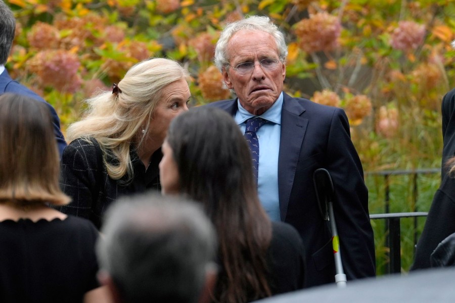 Former Massachusetts U.S. Rep. Joseph Kennedy II, center right, son of the late Ethel Kennedy, arrives at Our Lady of Victory church, for Ethel Kennedy's funeral, Monday, Oct. 14, 2024, in Centerville, Mass. (AP Photo/Steven Senne)