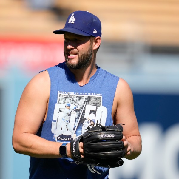 Los Angeles Dodgers pitcher Clayton Kershaw warms up before Game 2 of a baseball NL Division Series against the San Diego Padres, Sunday, Oct. 6, 2024, in Los Angeles. (AP Photo/Ashley Landis)