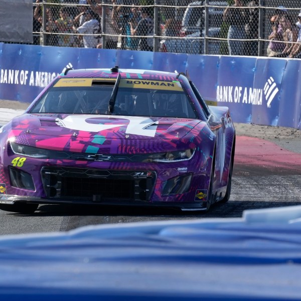 Alex Bowman drives out of Turn 3 during a NASCAR Cup Series auto race at Charlotte Motor Speedway in Concord, N.C., Sunday, Oct. 13, 2024. (AP Photo/Chuck Burton)