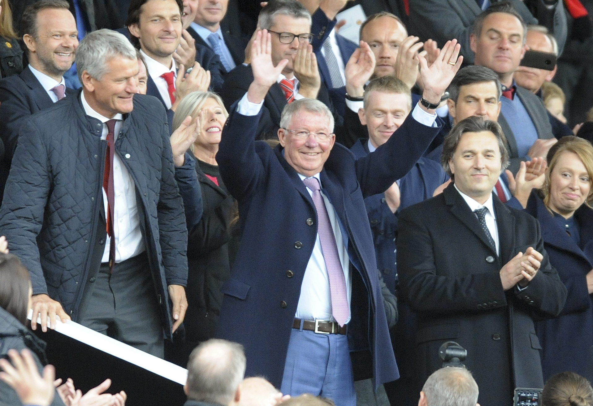 FILE - Former Manchester United manager Alex Ferguson waves as he takes his seat on the stands before the English Premier League soccer match between Manchester United and Wolverhampton Wanderers at Old Trafford stadium in Manchester, England, Saturday, Sept. 22, 2018. (AP Photo/Rui Vieira, File)