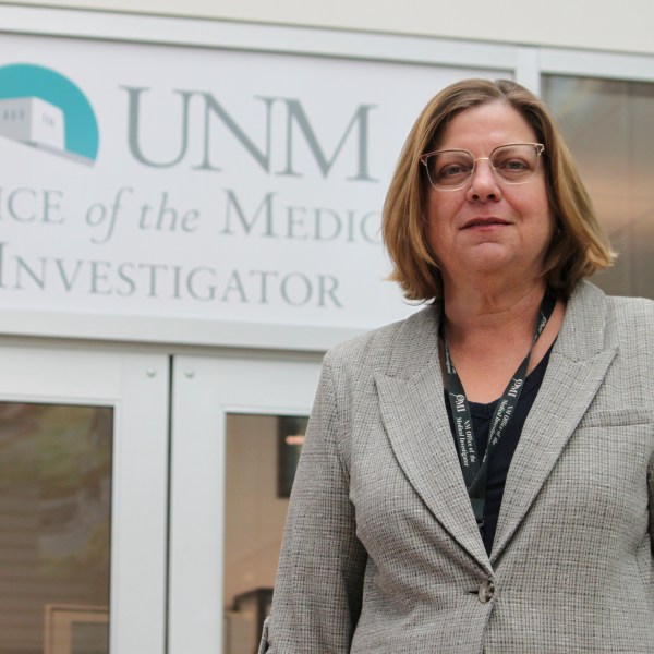 Forensic anthropologist Heather Edgar with the Office of the Medical Investigator poses for a portrait outside her office in Albuquerque, New Mexico, on Thursday, Oct. 3, 2024. (AP Photo/Susan Montoya Bryan)