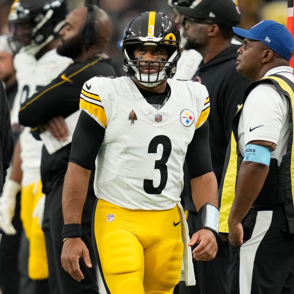 Pittsburgh Steelers quarterback Russell Wilson (3) walks on the sideline during the second half of an NFL football game against the Las Vegas Raiders in Las Vegas, Sunday, Oct. 13, 2024. (AP Photo/John Locher)