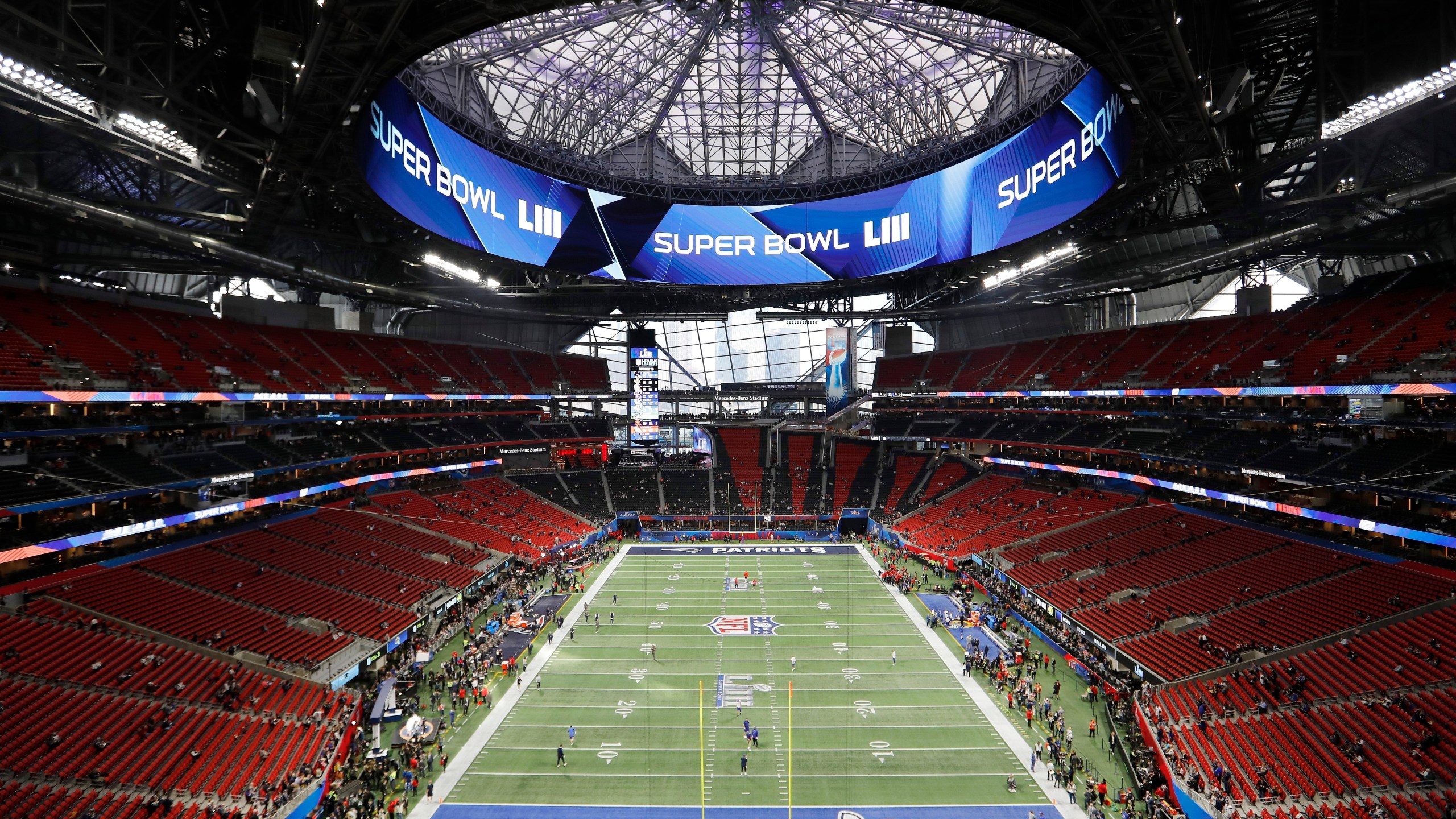 FILE - The Mercedes-Benz Stadium is prepared ahead of the NFL Super Bowl 53 football game between the Los Angeles Rams and the New England Patriots Sunday, Feb. 3, 2019, in Atlanta. (AP Photo/David Goldman, File)