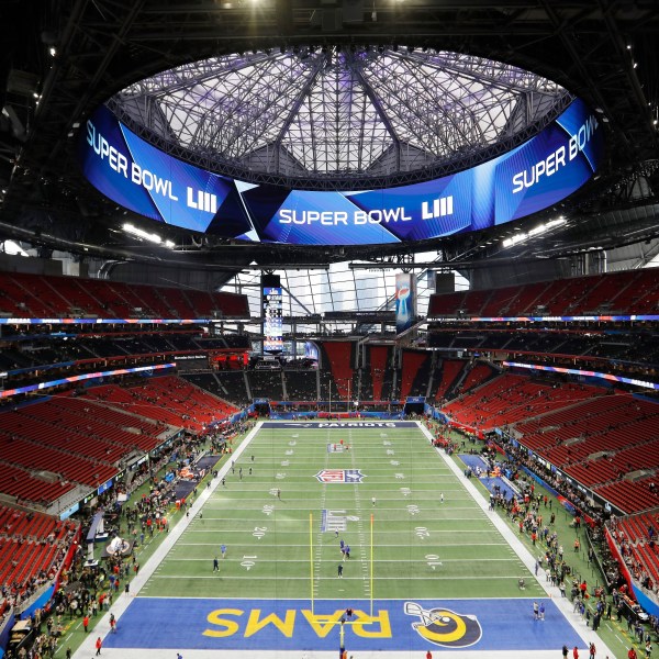 FILE - The Mercedes-Benz Stadium is prepared ahead of the NFL Super Bowl 53 football game between the Los Angeles Rams and the New England Patriots Sunday, Feb. 3, 2019, in Atlanta. (AP Photo/David Goldman, File)