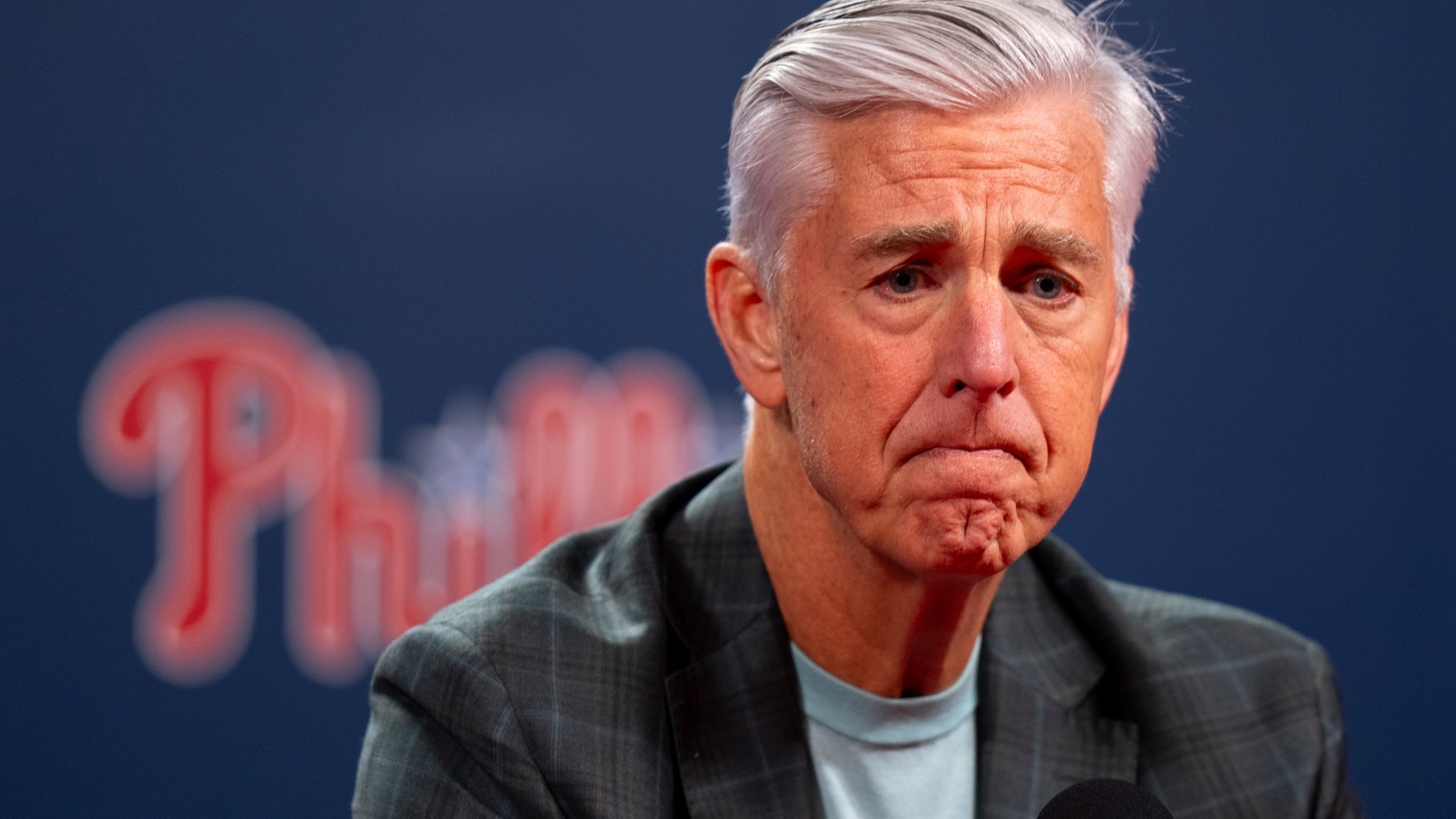 Philadelphia Phillies president of baseball operations Dave Dombrowski speaks to the media during an end of the season news conference, Tuesday, Oct. 15, 2024, in Philadelphia. (AP Photo/Chris Szagola)