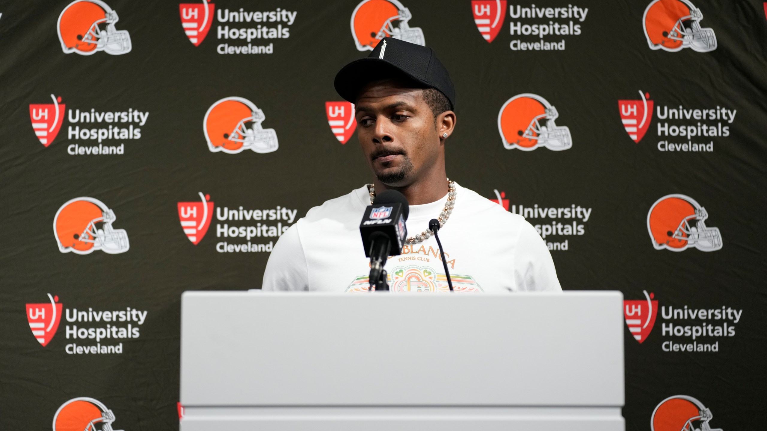 Cleveland Browns quarterback Deshaun Watson speaks after the Browns were defeated by the Las Vegas Raiders 20-16 in an NFL football game Sept. 29, 2024, in Las Vegas. (AP Photo/John Locher)