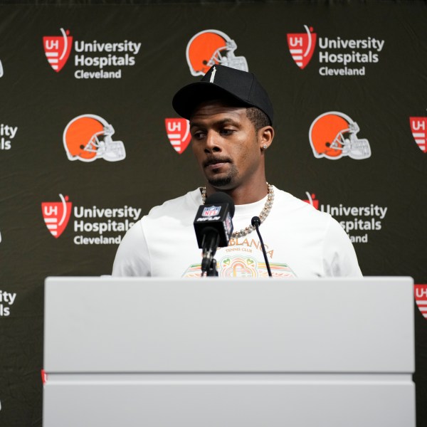 Cleveland Browns quarterback Deshaun Watson speaks after the Browns were defeated by the Las Vegas Raiders 20-16 in an NFL football game Sept. 29, 2024, in Las Vegas. (AP Photo/John Locher)