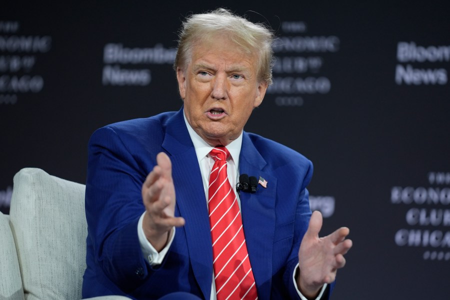 Republican presidential nominee former President Donald Trump speaks during an interview with Bloomberg News Editor-in-Chief John Micklethwait during an event with the Economic Club of Chicago, Tuesday, Oct. 15, 2024, in Chicago. (AP Photo/Evan Vucci)