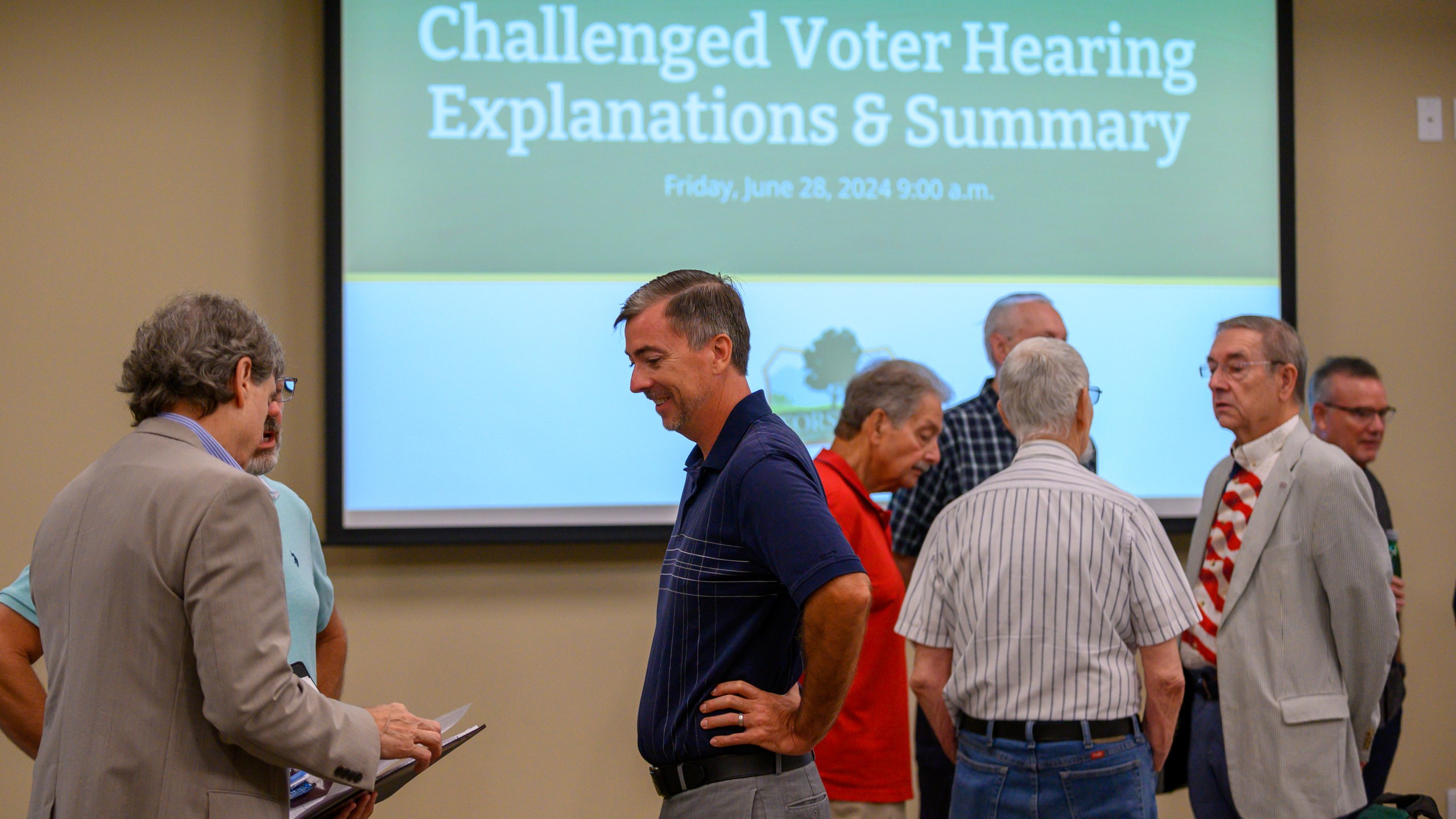 Forsyth election board considers challenges to the eligibility of 800 voters at the Forsyth County Voter Registrar in Cumming, Ga, June 28, 2024. (Jamie Spaar/Atlanta Journal-Constitution via AP)