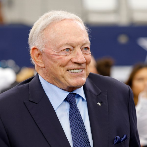 Dallas Cowboys team owner Jerry Jones stands on the field during warmups before an NFL football game against the Detroit Lions in Arlington, Texas, Sunday, Oct. 13, 2024. (AP Photo/Gareth Patterson)