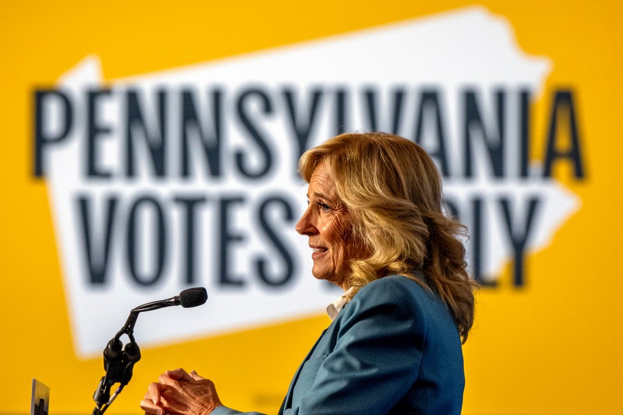 First Lady Jill Biden speaks at a Harris/Walz event at Montgomery County Community College in Blue Bell, Pa., Tuesday, Oct. 15, 2024. (Tom Gralish/The Philadelphia Inquirer via AP)