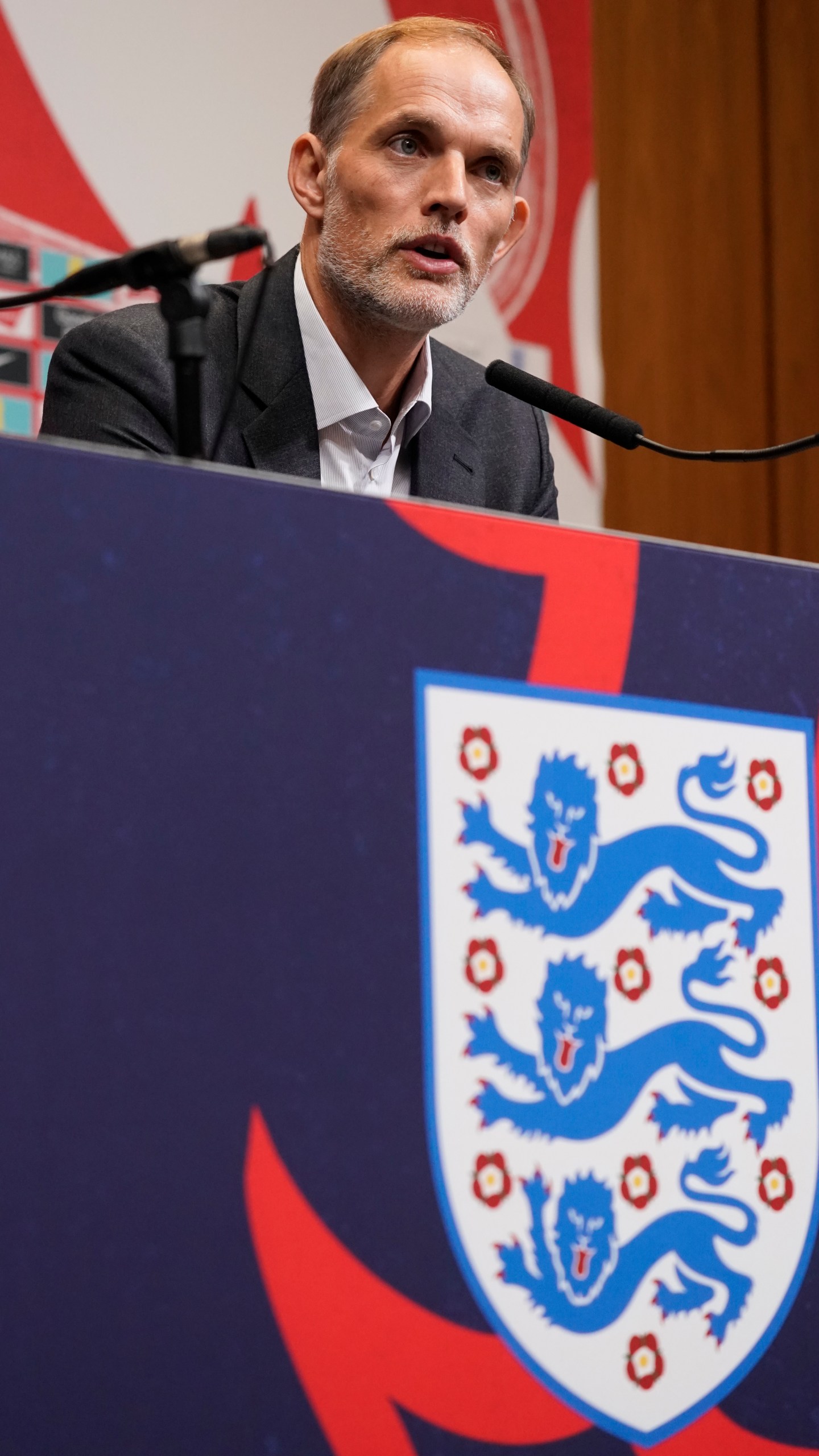 The newly appointed England men's soccer team manager Thomas Tuchel speaks during a press conference held at Wembley Stadium in London, Wednesday, Oct. 16, 2024. (AP Photo/Alberto Pezzali)