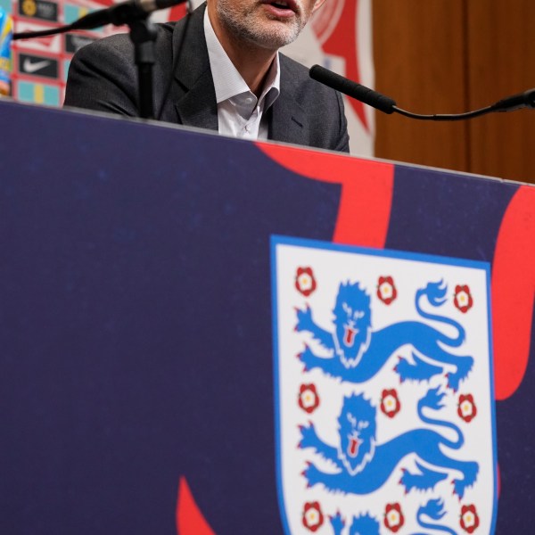 The newly appointed England men's soccer team manager Thomas Tuchel speaks during a press conference held at Wembley Stadium in London, Wednesday, Oct. 16, 2024. (AP Photo/Alberto Pezzali)