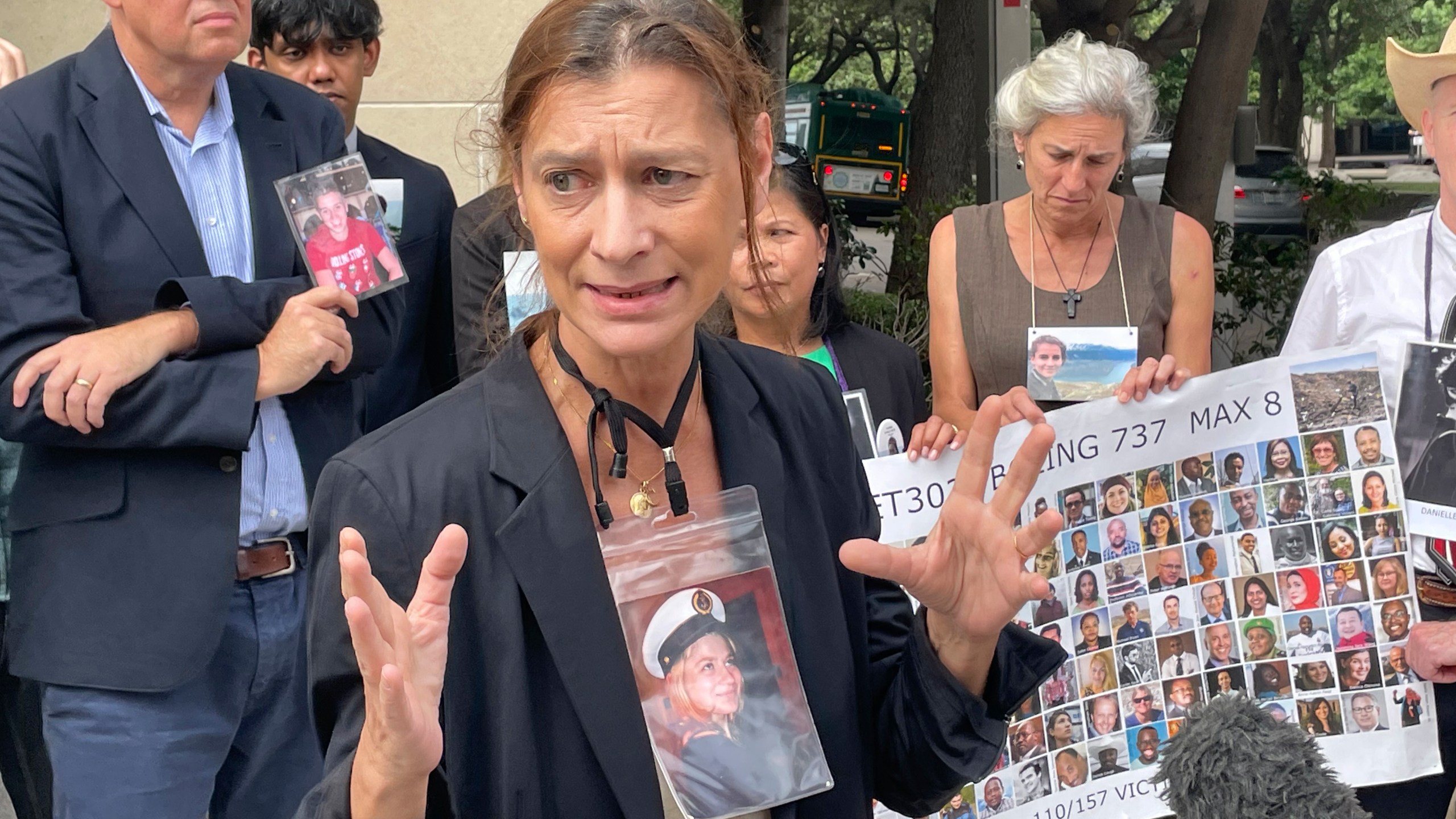 Catherine Berthet, whose daughter Camille Geoffrey died in the March, 2019, crash of an Ethiopian Airlines 737 Max, speaks outside federal court in Fort Worth, Texas, on Friday, Oct. 11, 2024. Lawyers are asking a federal judge to throw out a plea agreement that the aircraft manufacturer Boeing struck with federal prosecutors. (AP Photo/Dave Koenig)