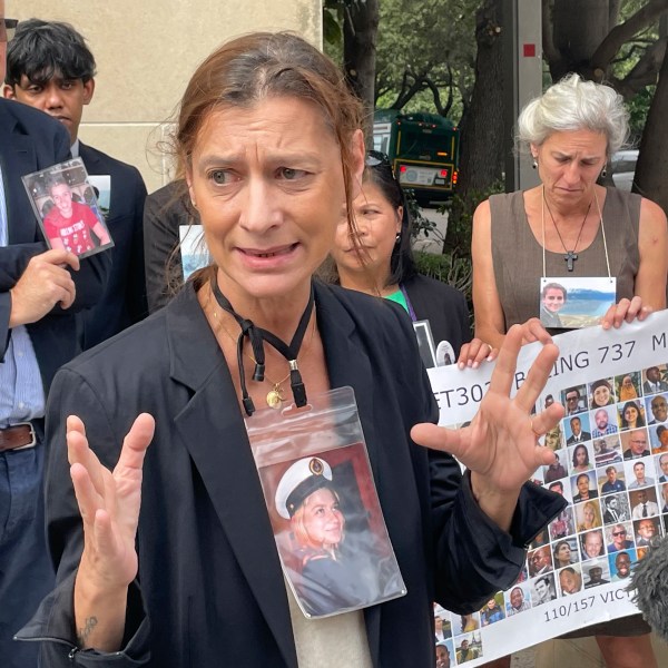 Catherine Berthet, whose daughter Camille Geoffrey died in the March, 2019, crash of an Ethiopian Airlines 737 Max, speaks outside federal court in Fort Worth, Texas, on Friday, Oct. 11, 2024. Lawyers are asking a federal judge to throw out a plea agreement that the aircraft manufacturer Boeing struck with federal prosecutors. (AP Photo/Dave Koenig)