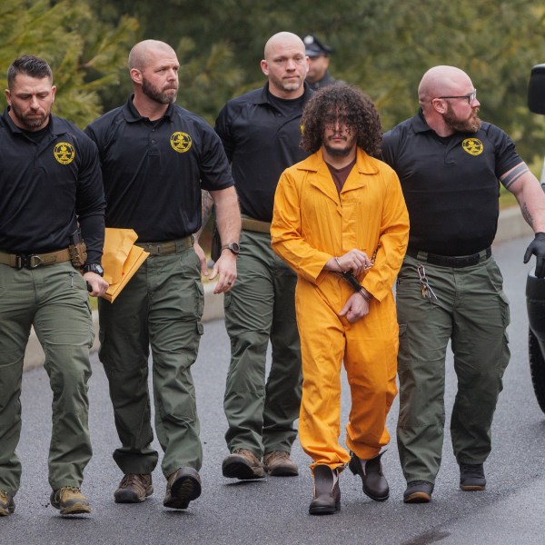 FILE - Danilo Cavalcante escorted by officers with the Pennsylvania Department of Corrections into the Magisterial District Court, Kennett Square, Pa., Feb. 2, 2024. (Alejandro A. Alvarez/The Philadelphia Inquirer via AP, File)