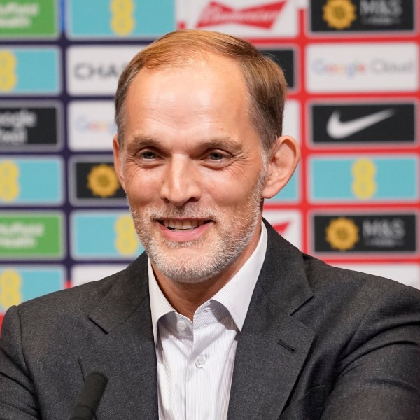 The newly appointed England men's soccer team manager Thomas Tuchel smiles as he speaks during a press conference held at Wembley Stadium in London, Wednesday, Oct. 16, 2024. (AP Photo/Alberto Pezzali)