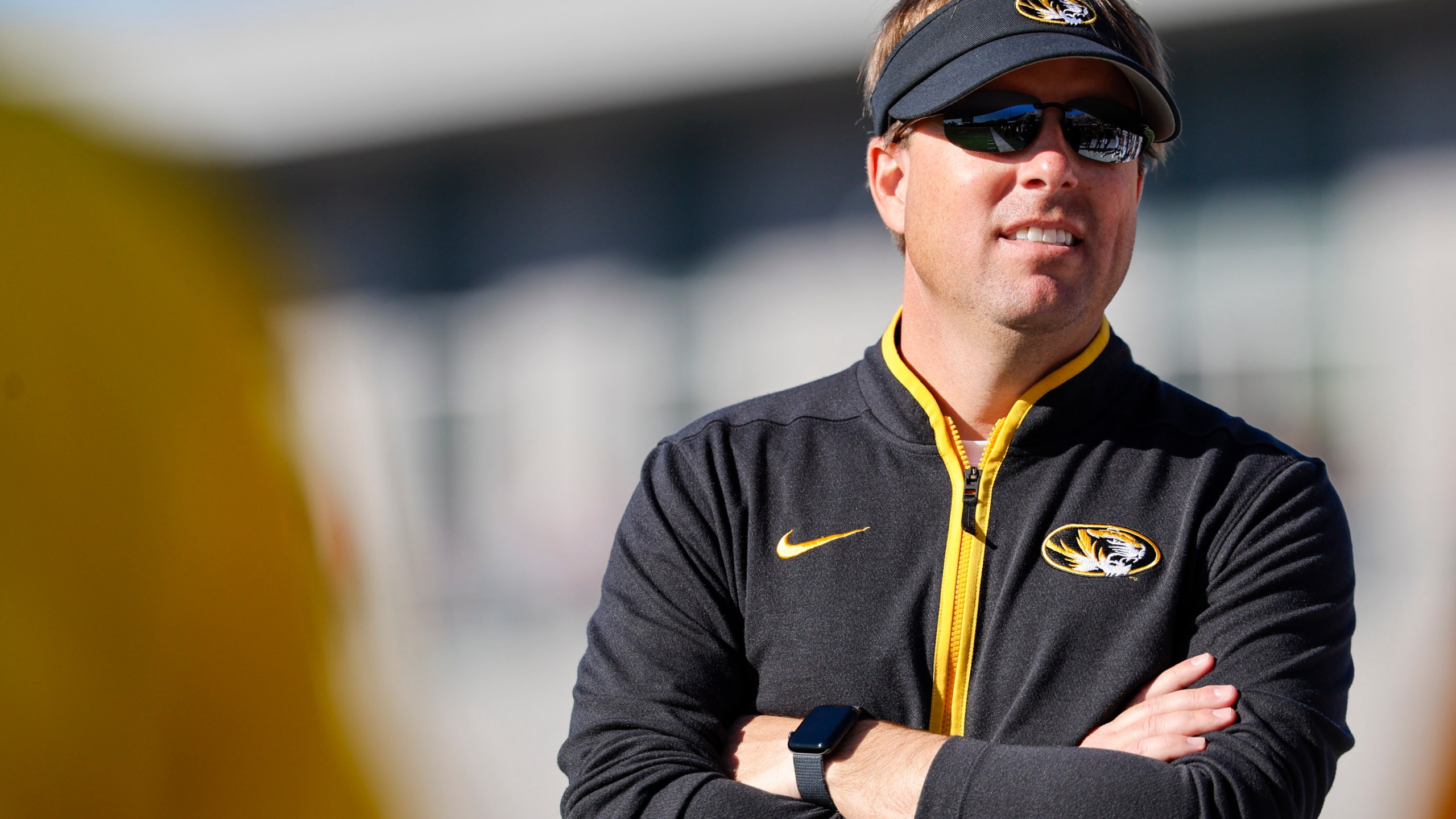 FILE - Missouri head coach Eliah Drinkwitz watches the action during the second half of an NCAA football game against Massachusetts on Saturday, Oct. 12, 2024, in Amherst, Mass. (AP Photo/Greg M. Cooper, File)