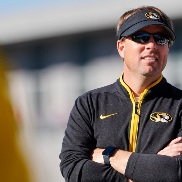 FILE - Missouri head coach Eliah Drinkwitz watches the action during the second half of an NCAA football game against Massachusetts on Saturday, Oct. 12, 2024, in Amherst, Mass. (AP Photo/Greg M. Cooper, File)