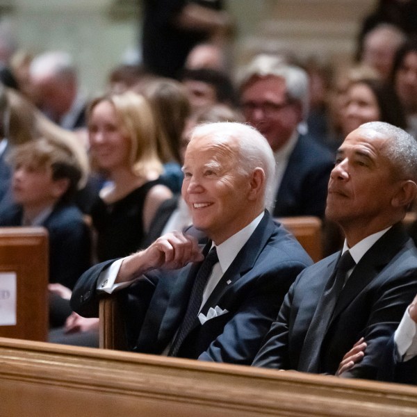 President Joe Biden, left, and former Presidents Barack Obama, center, and Bill Clinton, right, attend a memorial service for Ethel Kennedy, the wife of Sen. Robert F. Kennedy, who died on Oct. 10, 2024, at age 96, at the Cathedral of St. Matthew the Apostle in Washington, Wednesday, Oct. 16, 2024. (AP Photo/Ben Curtis)