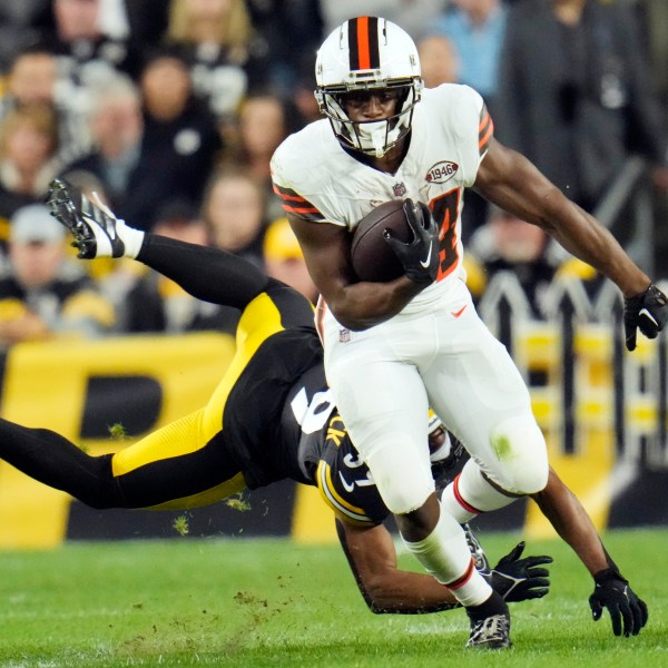 FILE - Cleveland Browns running back Nick Chubb runs past Pittsburgh Steelers safety Minkah Fitzpatrick during the first half of an NFL football game Monday, Sept. 18, 2023, in Pittsburgh. (AP Photo/Gene J. Puskar, File)