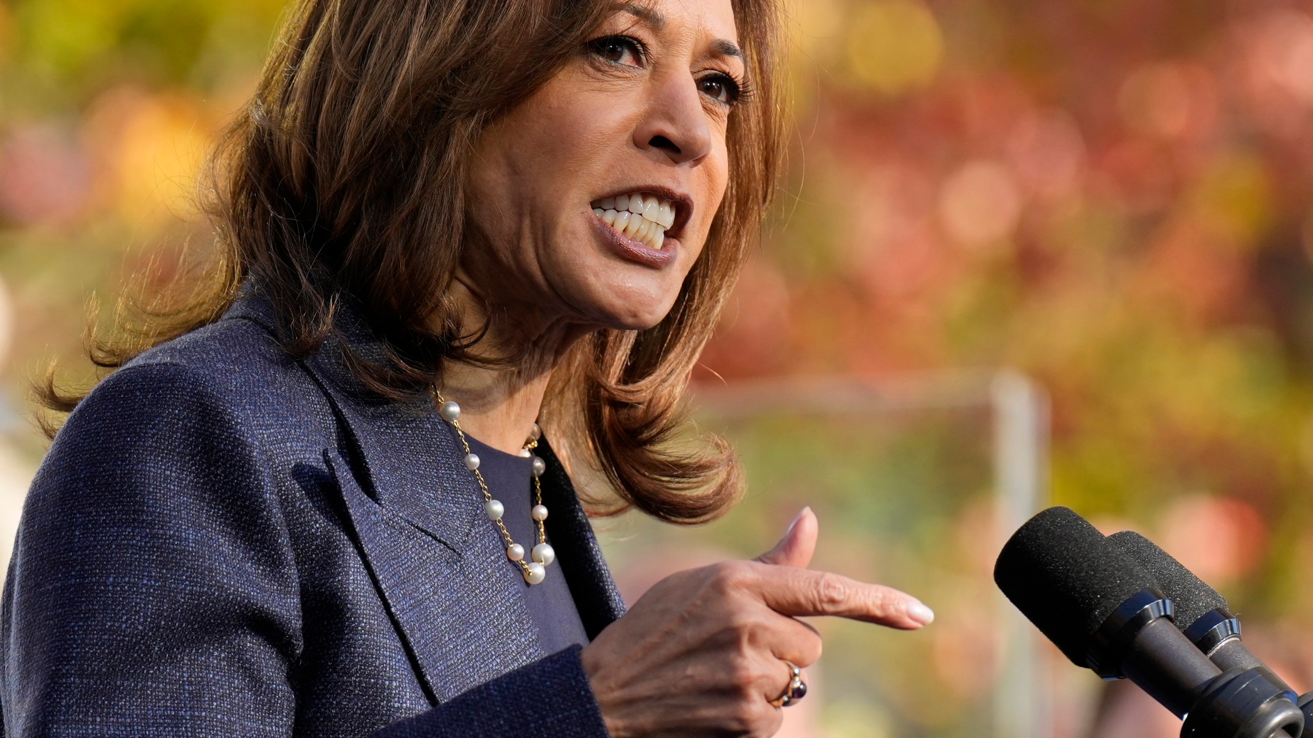 Democratic presidential nominee Vice President Kamala Harris speaks at a campaign event at Washington Crossing Historic Park, Wednesday, Oct. 16, 2024, in Washington Crossing, Pa. (AP Photo/Jacquelyn Martin)